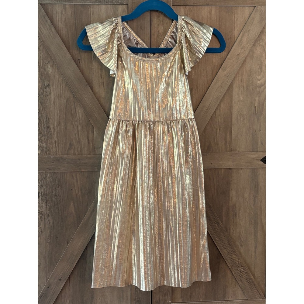 Crewcuts Girls Gold Metallic Accordion Pleat Dress Ruffle Sleeve Size 5 Party